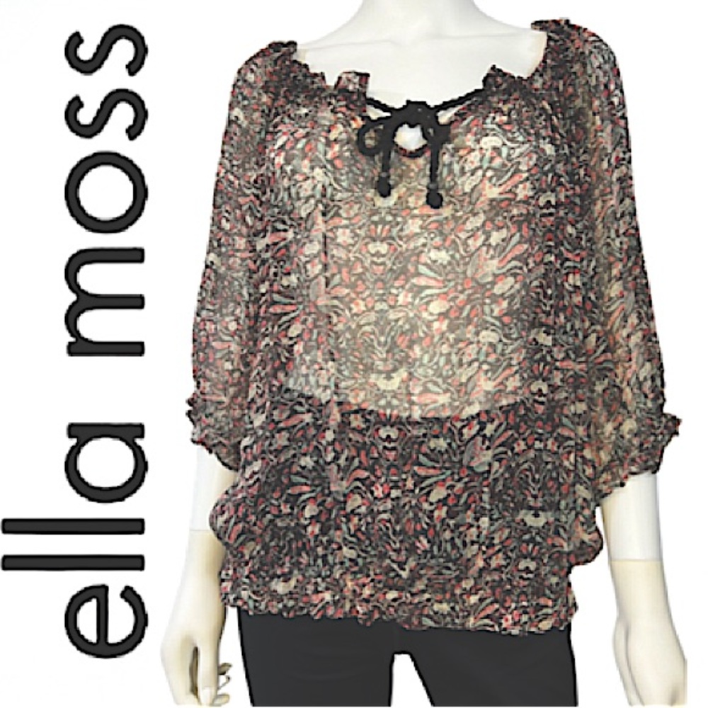 ELLA MOSS.Gorgeous 100% silk boho 3/4 sleeve sheer paisley blouse. Sheer. Large.